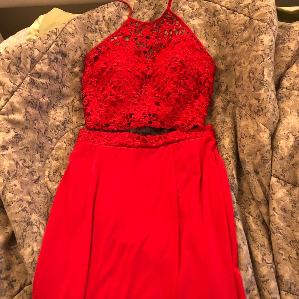 Red two piece prom dress